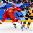 GANGNEUNG, SOUTH KOREA - FEBRUARY 25: Germany's Dominik Kahun #72 gets a shot off with pressure from Olympic Athletes from Russia's Nikolai Prokhorkin #74 during gold medal round action at the PyeongChang 2018 Olympic Winter Games. (Photo by Matt Zambonin/HHOF-IIHF Images)


